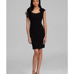CALVIN KLEIN black classic Queen Anne neckline ruched knee length dress